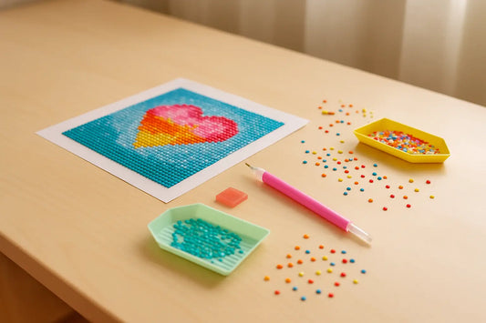 Onvoltooide diamond painting van een regenboogkleurig hart met gereedschap en gekleurde steentjes op een houten tafel.