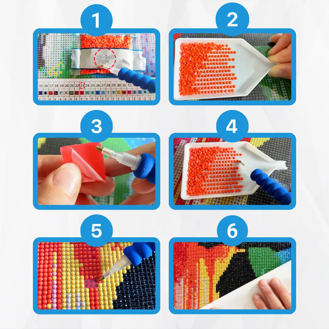 Stapsgewijze instructies voor het maken van een diamond painting, inclusief het sorteren van steentjes, gebruik van wax en het plaatsen van de steentjes op het doek.