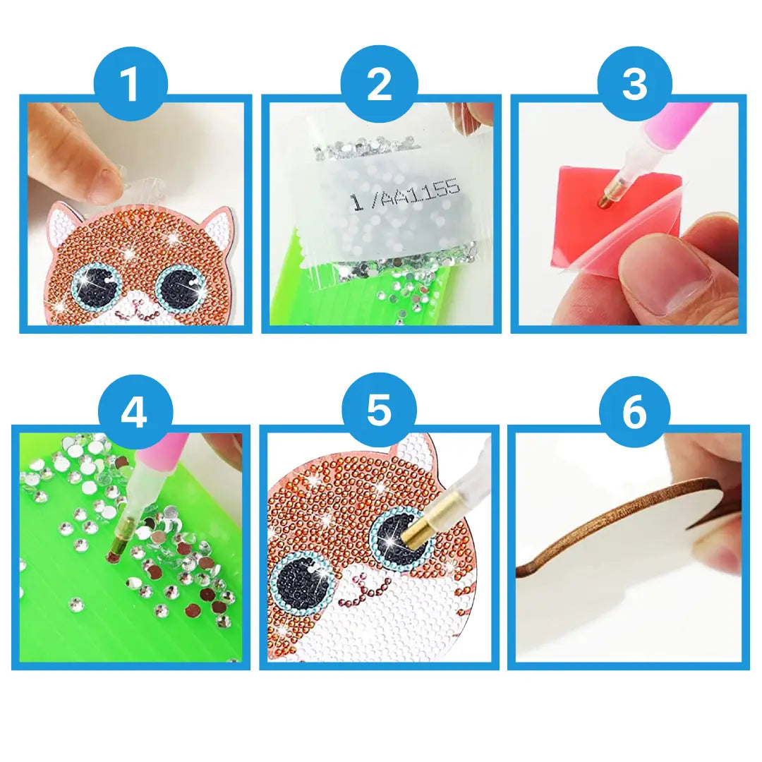 Stapsgewijze instructies voor het maken van een kattenvormige diamond painting onderzetters met glinsterende steentjes.