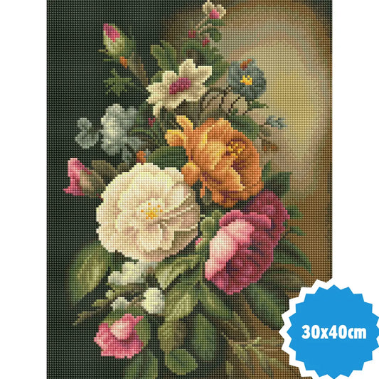Diamond painting van klassieke bloemen in vaas met rozen, pioenrozen en lelies op donkere achtergrond, formaat 30x40 cm