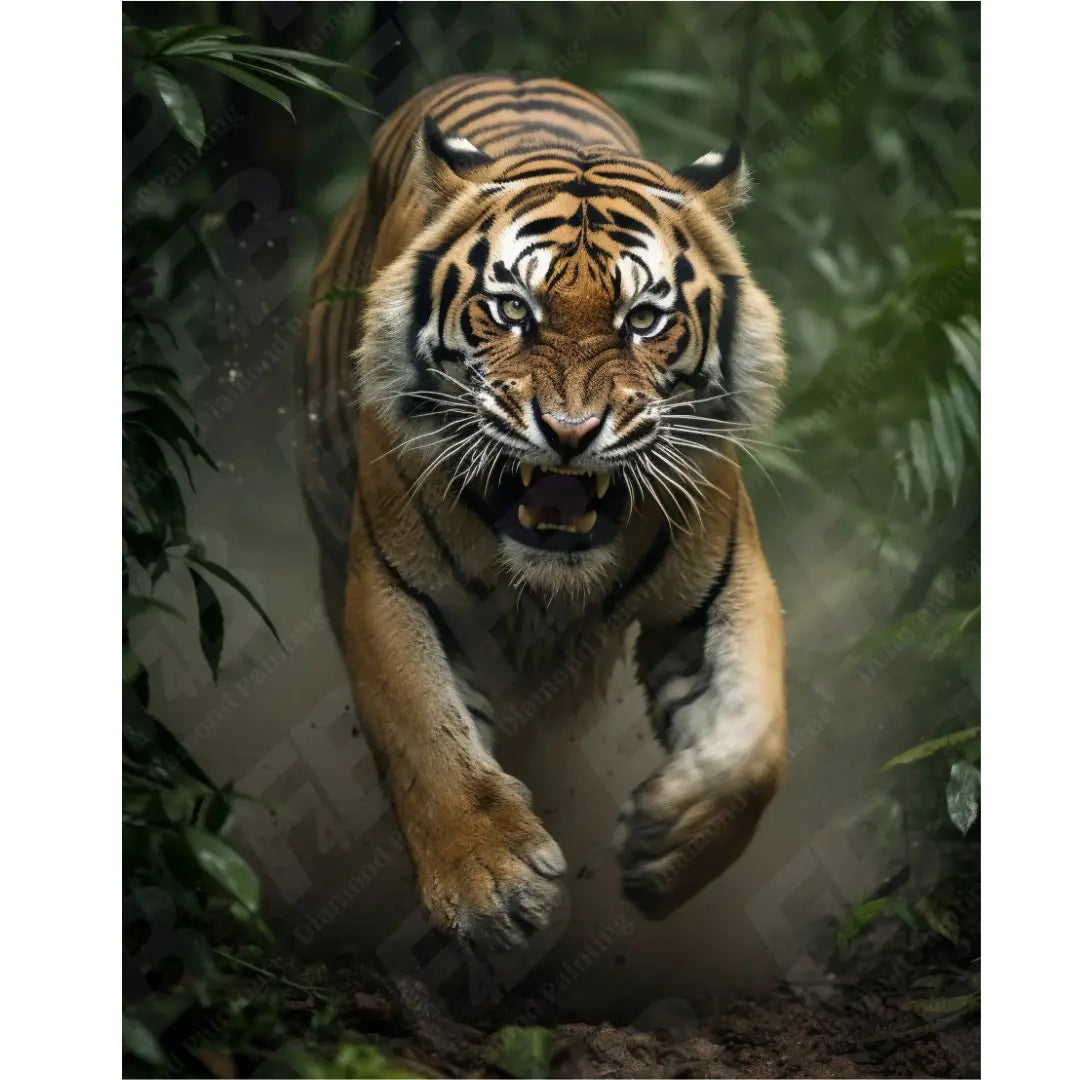 Springende tijger met opengesperde bek in de jungle