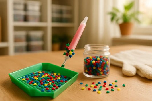 Diamond painting pen met meerdere gekleurde steentjes boven een groen sorteerbakje, naast een potje en verspreide steentjes op een houten tafel.