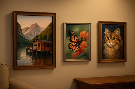 Drie diamond paintings aan muur met berghut aan meer, monarchvlinder op bloemen en portret van een kat