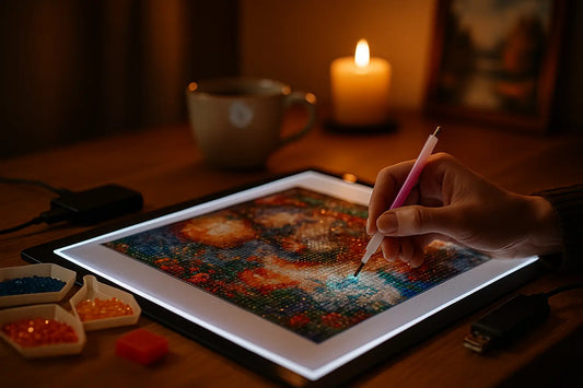 Hand plaatst steentjes op verlichte diamond painting met roze pen, naast bakjes met kralen en kaarslicht op achtergrond