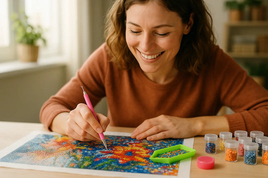 Vrouw glimlacht terwijl ze steentjes plaatst op kleurrijke diamond painting, met sorteerbakje, potjes kralen en pen op tafel in lichte kamer.