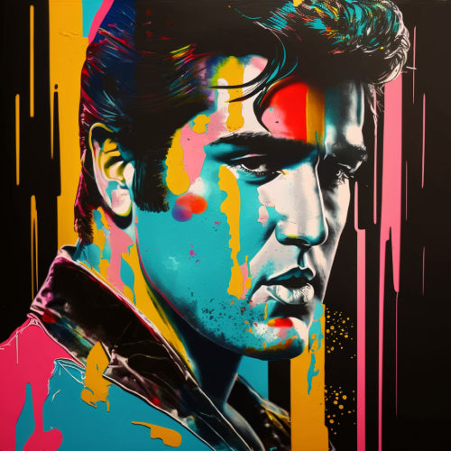Kleurrijk portret van Elvis Presley met verfdruip effect in pop-art stijl.