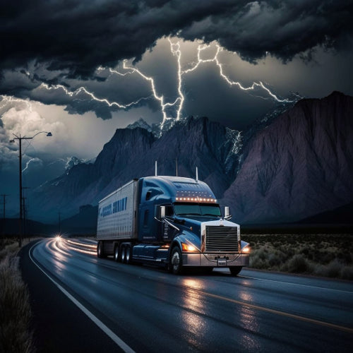 Blauwe vrachtwagen rijdt op een weg met op de achtergrond bergen en een onweersbui met bliksem