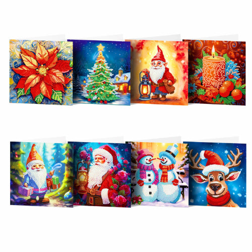 Assortiment van acht kerstkaarten met levendige afbeeldingen van kerststerren, een kerstboom, Kerstman, kaarsen, een sneeuwpop en een rendier.