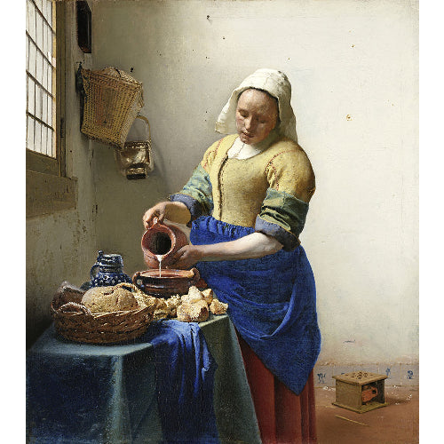 Diamond painting van 'Het Melkmeisje' door Vermeer, met een vrouw die melk inschenkt in een kamer met brood en een venster