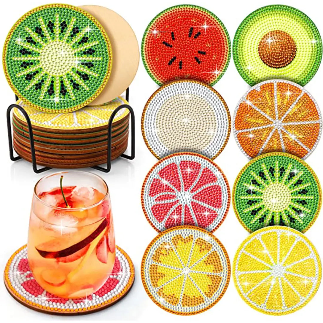 Set van diamond painting fruit onderzetters met kiwi, watermeloen, sinaasappel en meer, inclusief houder