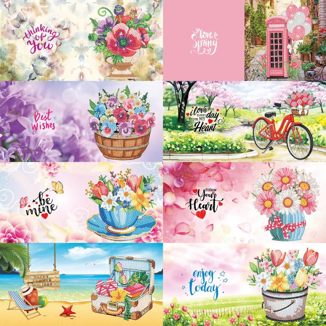 Diverse diamond painting wenskaarten met bloemen en teksten zoals 'Best wishes' en 'Be mine'.