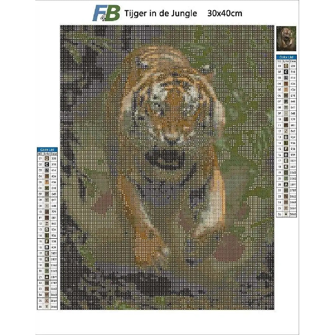 Diamond painting kit 'Tijger in de Jungle' 30x40 cm, met gedetailleerde kleurcodes.