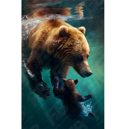 Artistieke diamond painting van een beer en welp zwemmend in diepblauw water, vastgelegd in levendige kleuren.