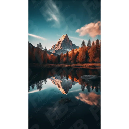 Diamond painting kunstwerk van een berg met herfstbomen en een reflectie in een meer.