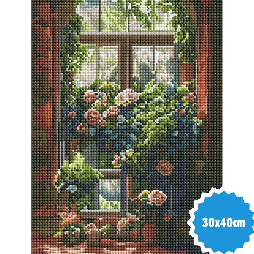 Diamond painting van bloemen bij een raam met groene klimop en roze rozen, formaat 30x40 cm.