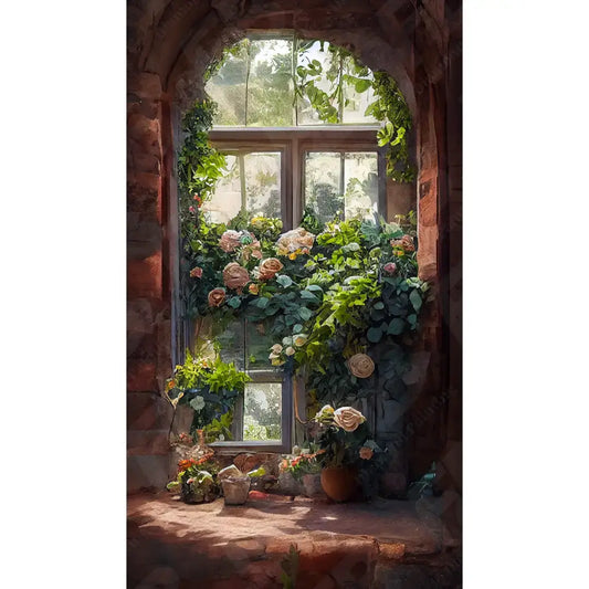 Realistische weergave van een bloemrijk venster in diamond painting, met rijke kleuren en textuur, ideaal voor kunstliefhebbers.