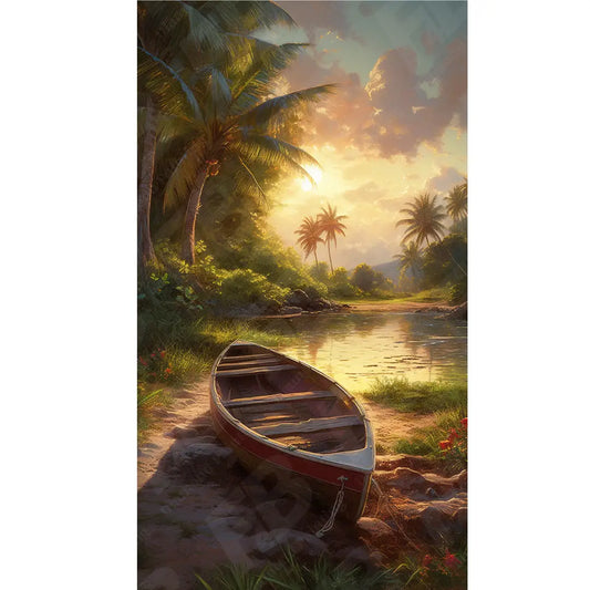 Diamond painting kunstwerk van een boot op een tropisch eiland met palmbomen en een prachtige zonsondergang.