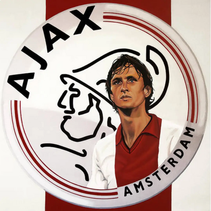 Diamond painting van het Ajax-logo met afbeelding van Johan Cruijff in rood-witte kleuren.