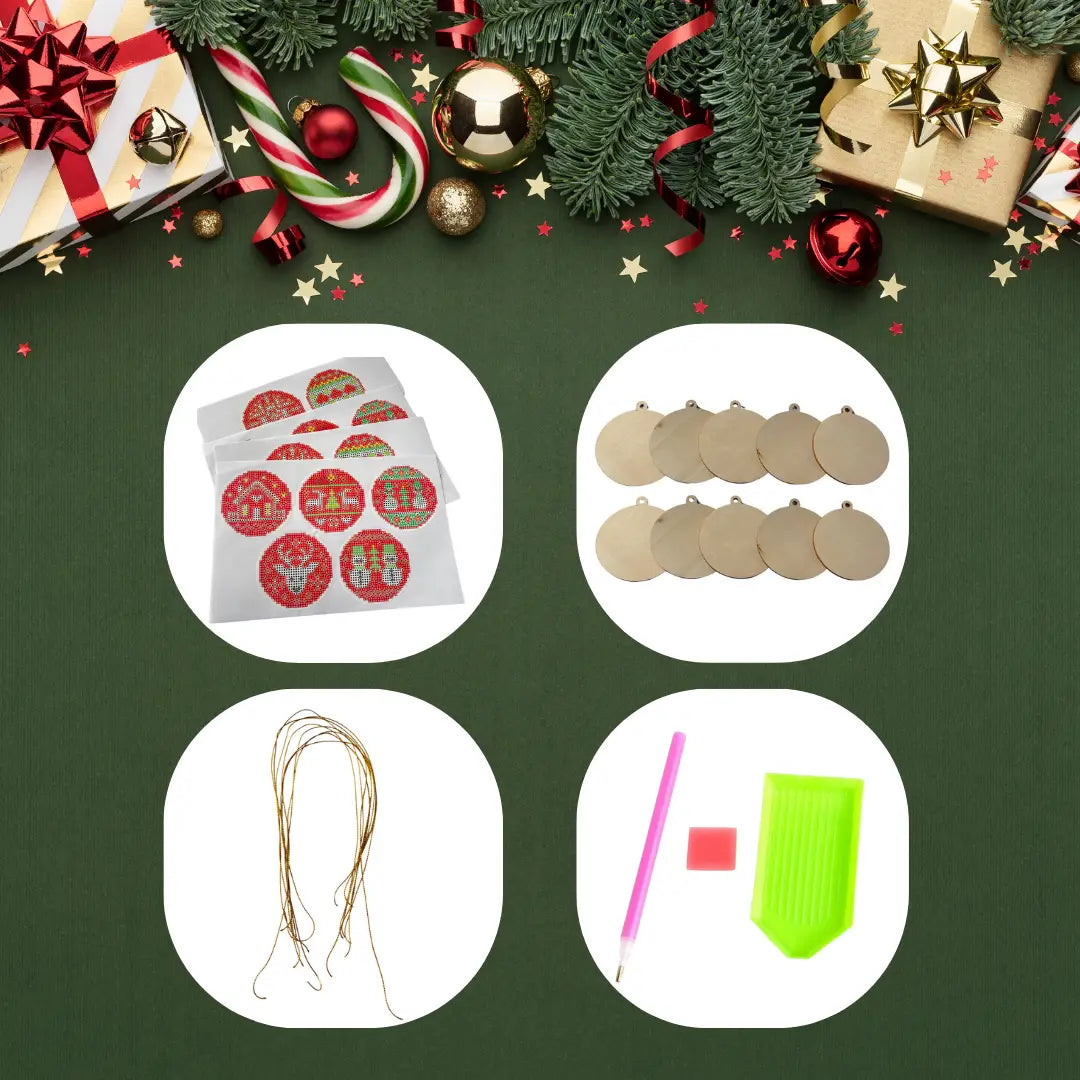 Diamond painting kerstballen doe-het-zelf pakket met accessoires, inclusief ronde schijven, ophangkoordjes en gereedschap op een feestelijke achtergrond.