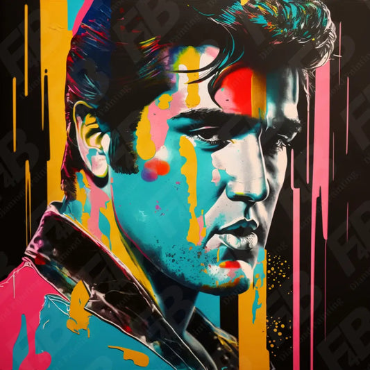 Diamond painting kunstwerk van Elvis Presley met kleurrijke abstracte achtergrond.