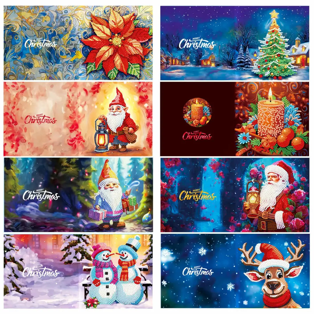Diverse diamond painting kerstkaarten met ontwerpen van kerstmannen, sneeuwpoppen, rendieren en meer, perfect voor de feestdagen.