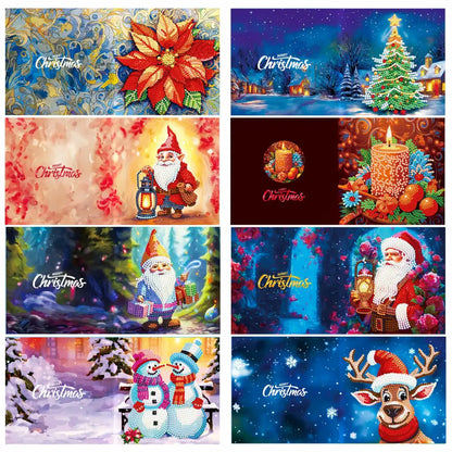 Diverse diamond painting kerstkaarten met ontwerpen van kerstmannen, sneeuwpoppen, rendieren en meer, perfect voor de feestdagen.