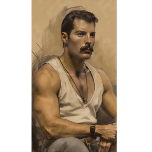 Diamond painting kunstwerk van Freddie Mercury in een wit hemd, zittend met gespierde armen.