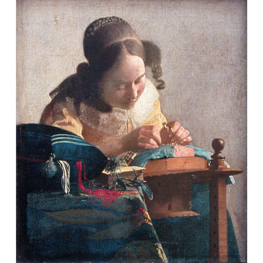 Diamond painting van een meisje dat geconcentreerd kantklost, gebaseerd op een klassiek schilderij.
