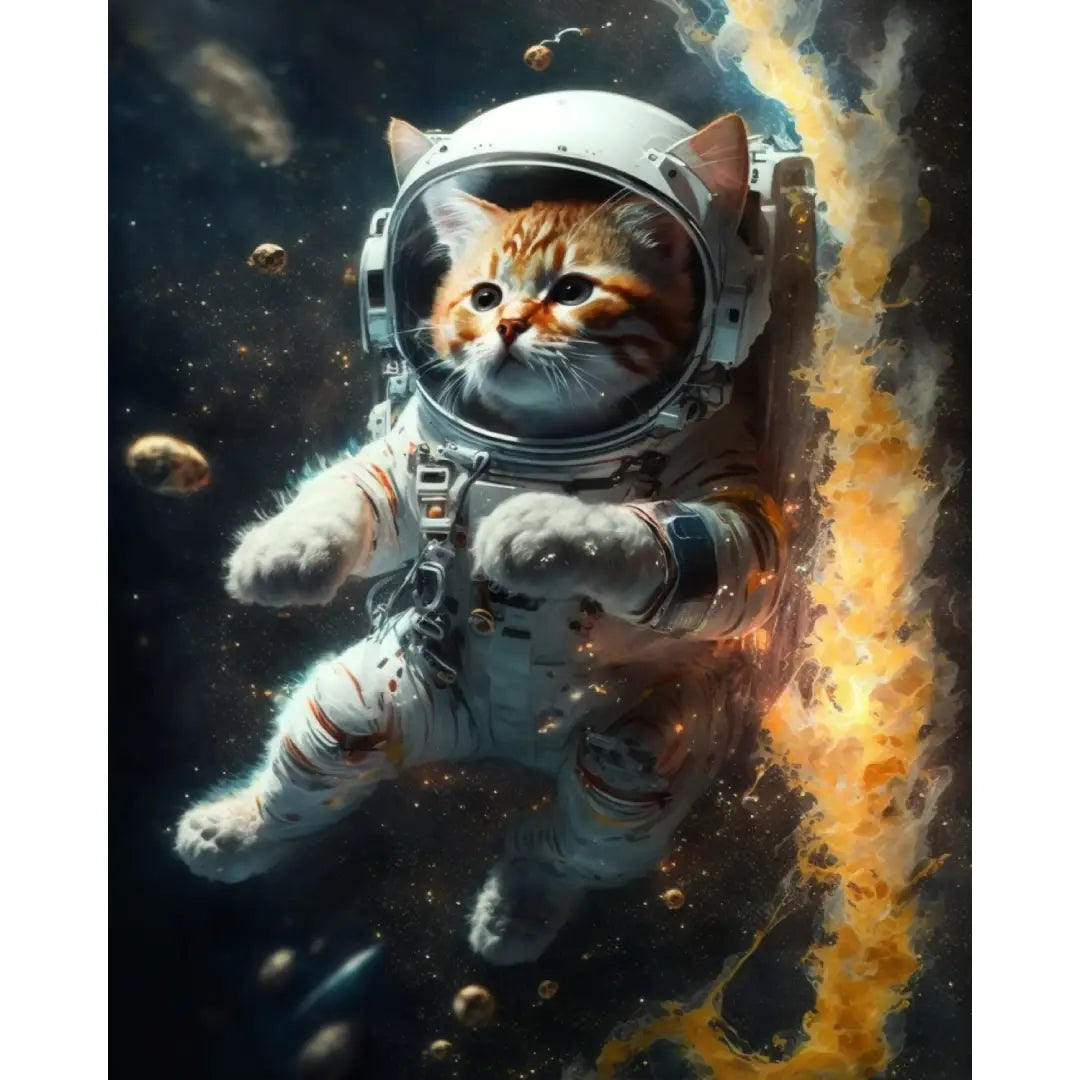 Gedetailleerd diamond painting ontwerp van een kat in astronautenpak zwevend naast een vurige ster, met kosmische achtergrond.