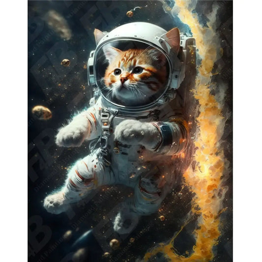 Gedetailleerd diamond painting ontwerp van een kat in astronautenpak zwevend naast een vurige ster, met kosmische achtergrond.