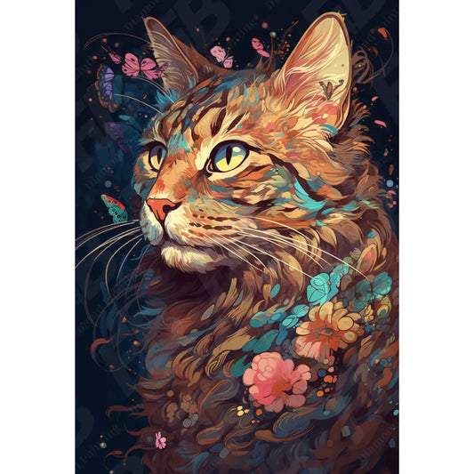 Gedetailleerd diamond painting ontwerp van een kat met bloemendecoraties in levendige kleuren, ideaal voor kunstliefhebbers.