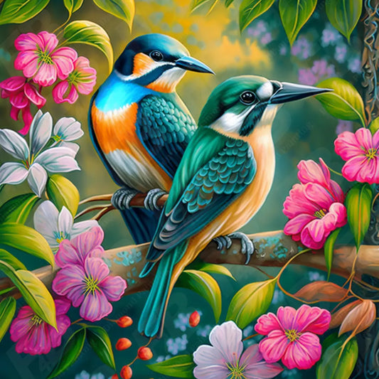 Gedetailleerd diamond painting ontwerp van kleurrijke vogels op een tak omgeven door bloeiende bloemen, rijk aan kleur en detail.