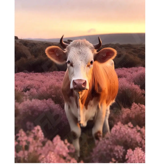 Close-up van een koe in een bloeiende heide op een diamond painting, warme tinten.