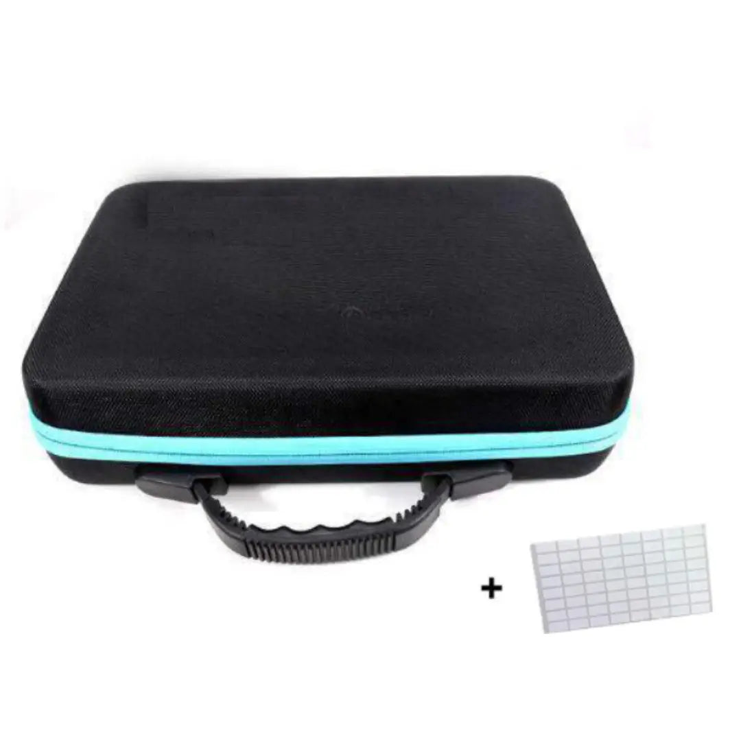 Zwarte opbergtas met blauwe rits en handvat, inclusief etiketten voor organisatie van diamond painting steentjes.