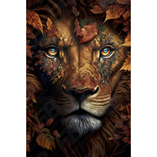 Gedetailleerde diamond painting van een leeuw met herfstbladeren, levendige oogdetails.