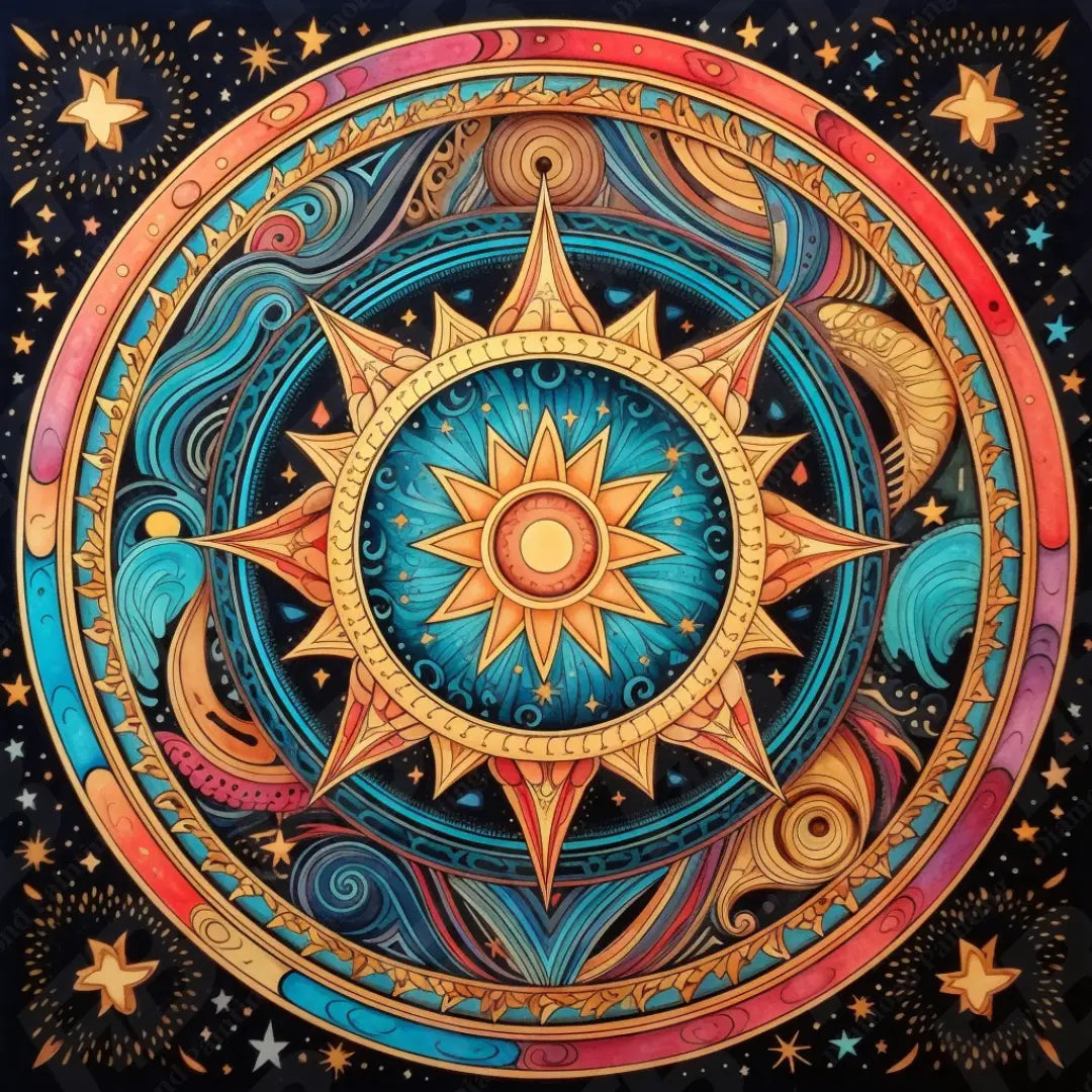 Diamond painting van een mandala in levendige kleuren met sterren en zonnen