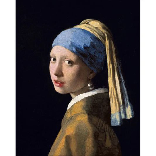 Diamond painting van Meisje met de parel, een iconisch schilderij van Johannes Vermeer met een meisje dat een parel draagt.