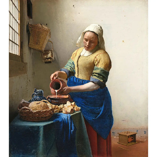 Diamond painting van Het Melkmeisje, een klassiek schilderij van Johannes Vermeer met een vrouw die melk schenkt.