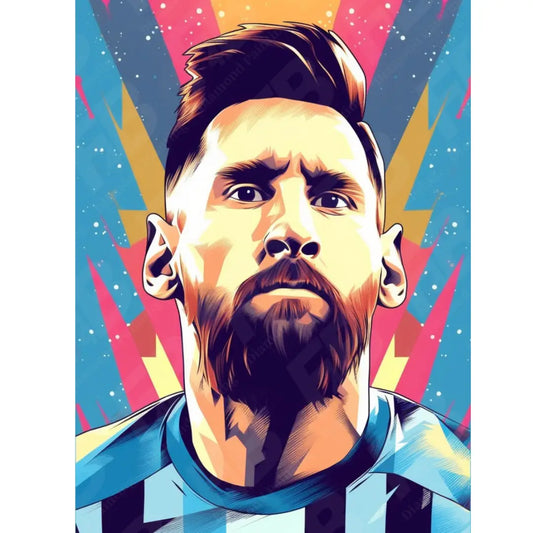 Diamond painting kunstwerk van Lionel Messi met opvallende kleurrijke stralen op de achtergrond.