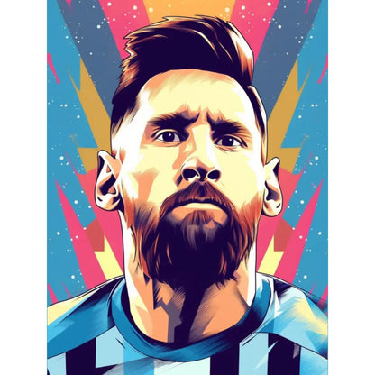 Diamond painting kunstwerk van Lionel Messi met opvallende kleurrijke stralen op de achtergrond.