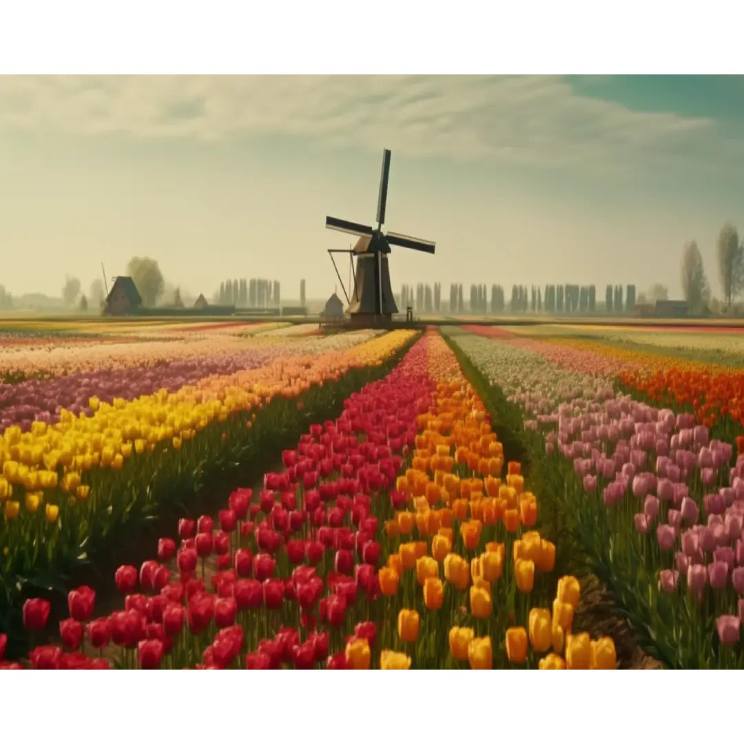 Diamond painting kunstwerk van een windmolen in een tulpenveld met een kleurrijke bloemenzee.