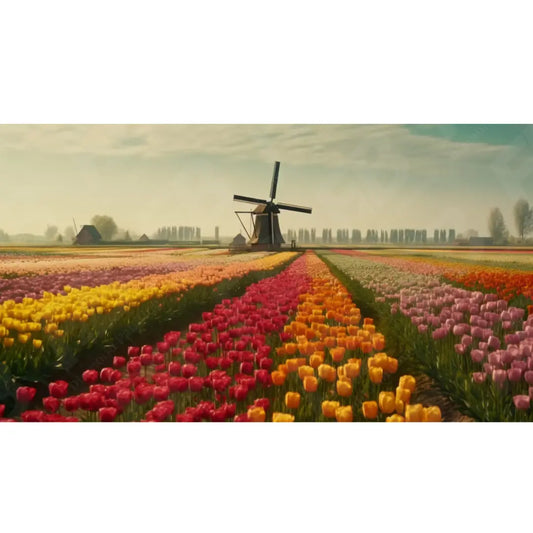 Diamond painting kunstwerk van een windmolen in een tulpenveld met een kleurrijke bloemenzee.