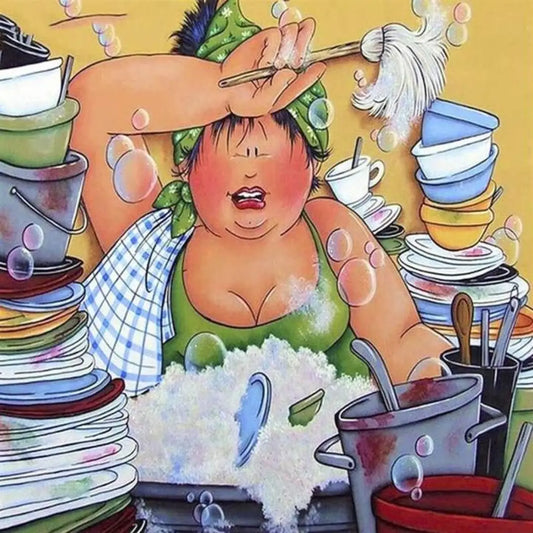 Diamond painting van dikke dame in de keuken met stapels vuile afwas, zweet op haar voorhoofd en zeepbellen rondom.