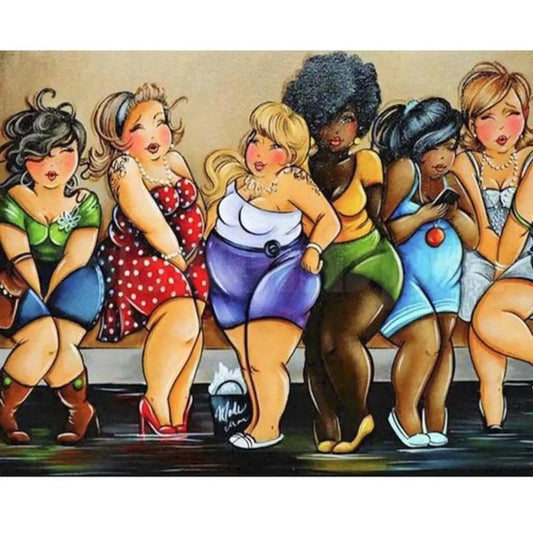 Dikke Dames diamond painting van zes vrouwen in kleurrijke kleding die in een rij staan, verschillende huidskleuren en poses.
