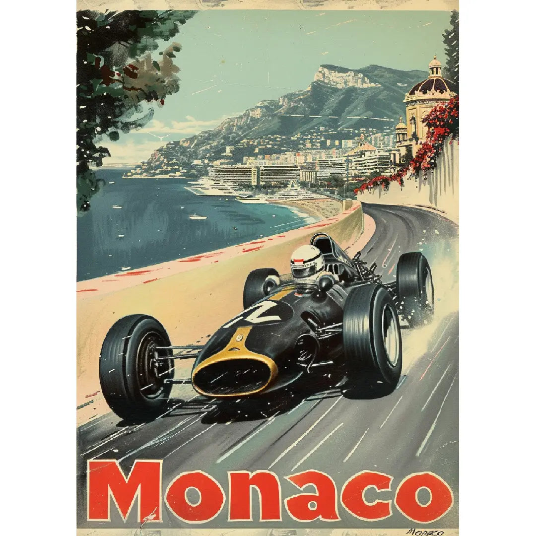 Diamond painting van een vintage Grand Prix poster van Monaco met raceauto en kustlijn