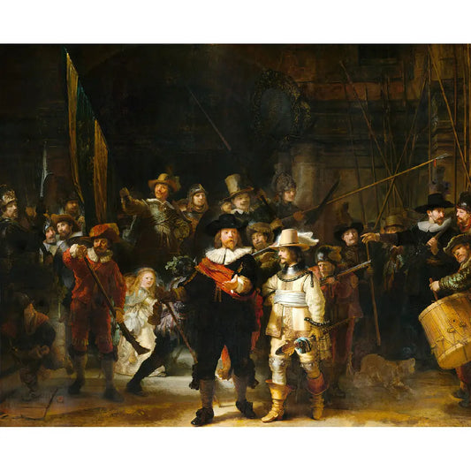 Diamond painting van De Nachtwacht, een beroemd schilderij van Rembrandt, met een levendig tafereel van een militiecompagnie.