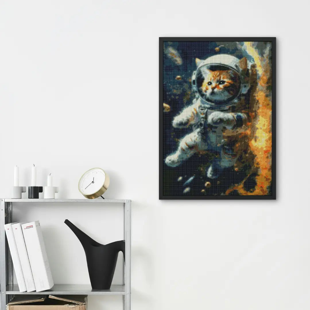 Diamond painting van een kat in een astronautenpak in de ruimte, aan de muur naast een metalen rek met decoratieve items.