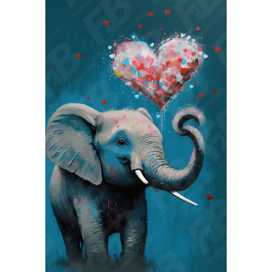 Gedetailleerde weergave van een diamond painting van een olifant met kleurrijke hartjesballon.
