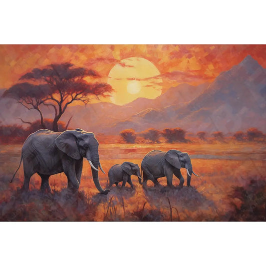 Gedetailleerde weergave van een diamond painting van olifanten op de savanne tijdens zonsondergang.