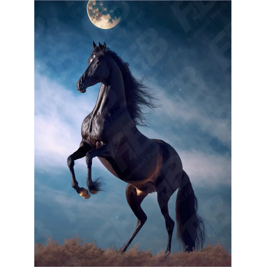Gedetailleerde weergave van een diamond painting van een zwart paard onder de maanlicht.